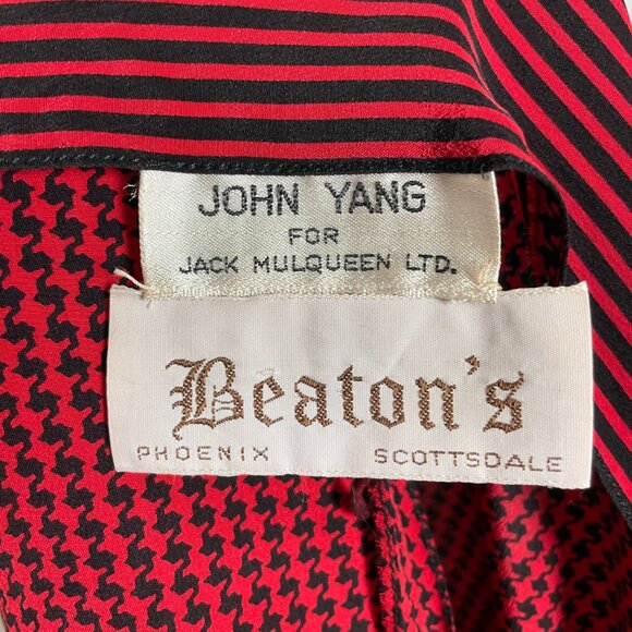 Vintage Silk Blazer Top John Yang Double Breasted Red Black Houndstooth 1980s - Picture 3 of 15